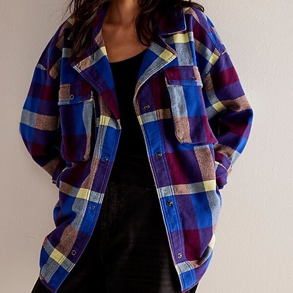 Free People We The Free Blue & Yellow Plaid Cargo Oversized Snap Button Shirt - Picture 2 of 6